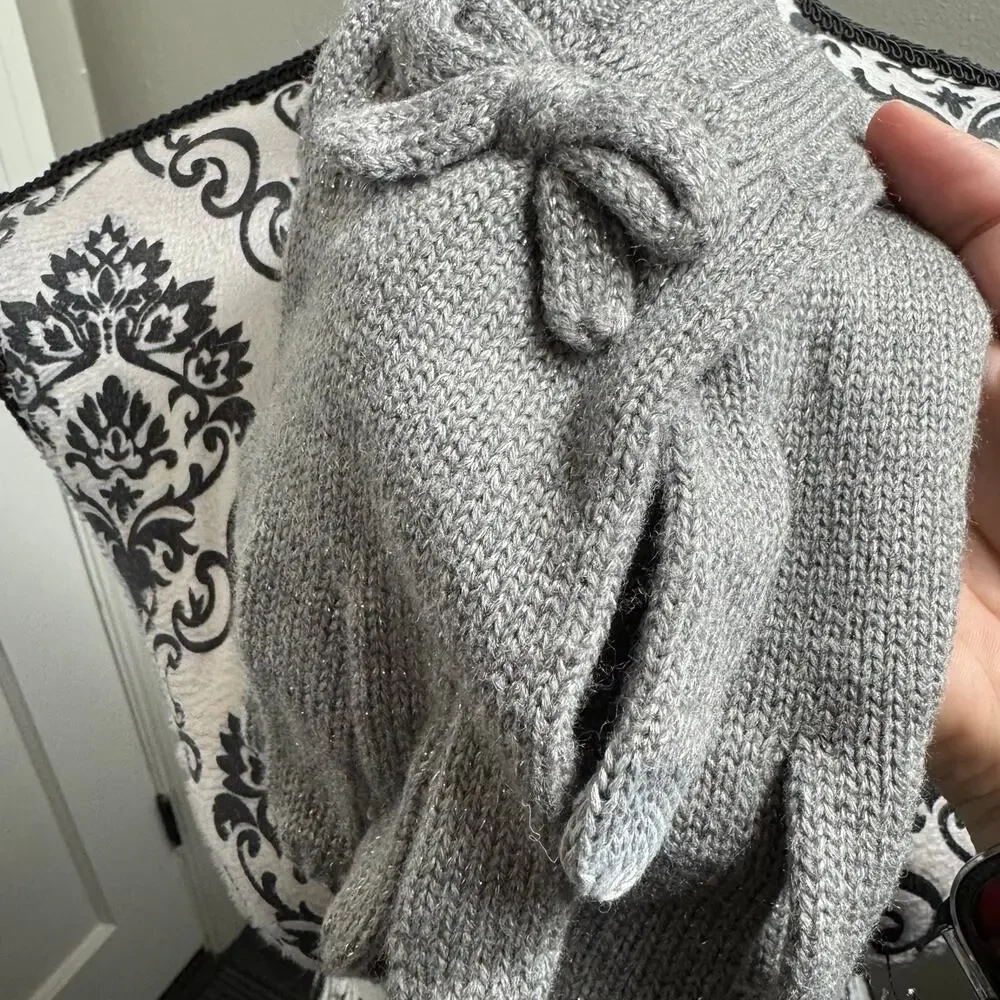 Kate Spade New York Heather Gray Metallic Knit Gloves with Bow | One Size